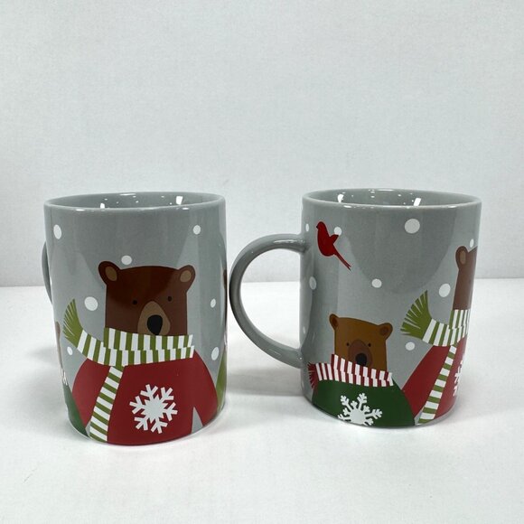 2 Crate & Barrel Christmas Mugs Coffee Cups Joan Anderson Holiday Winter Bears - Picture 1 of 6